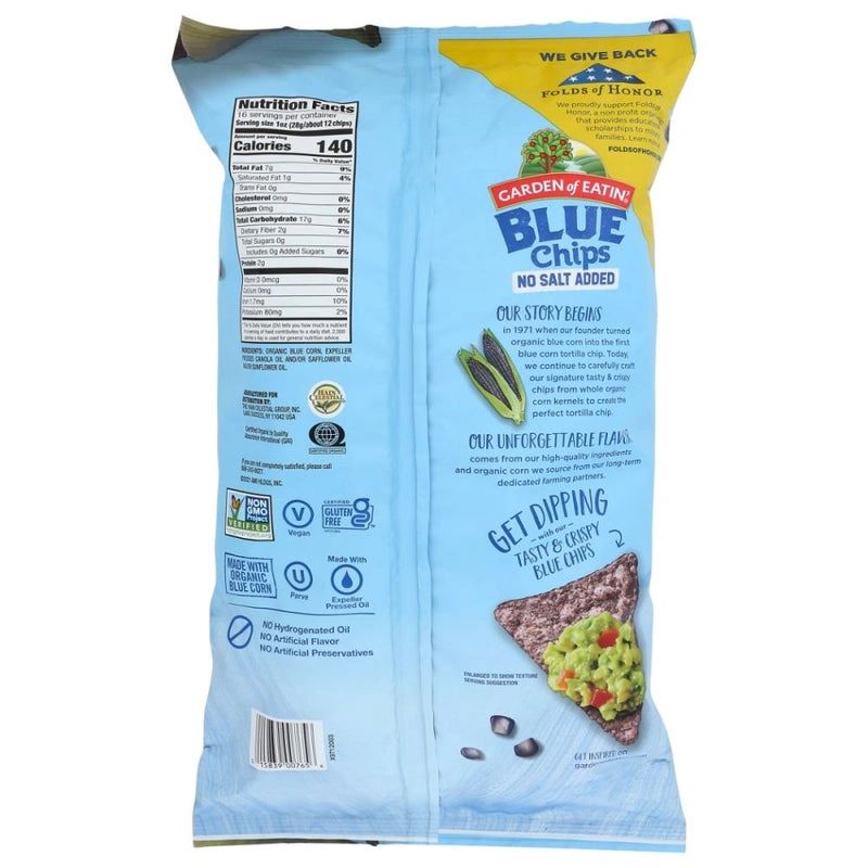 Blue chips bag with nutritional information